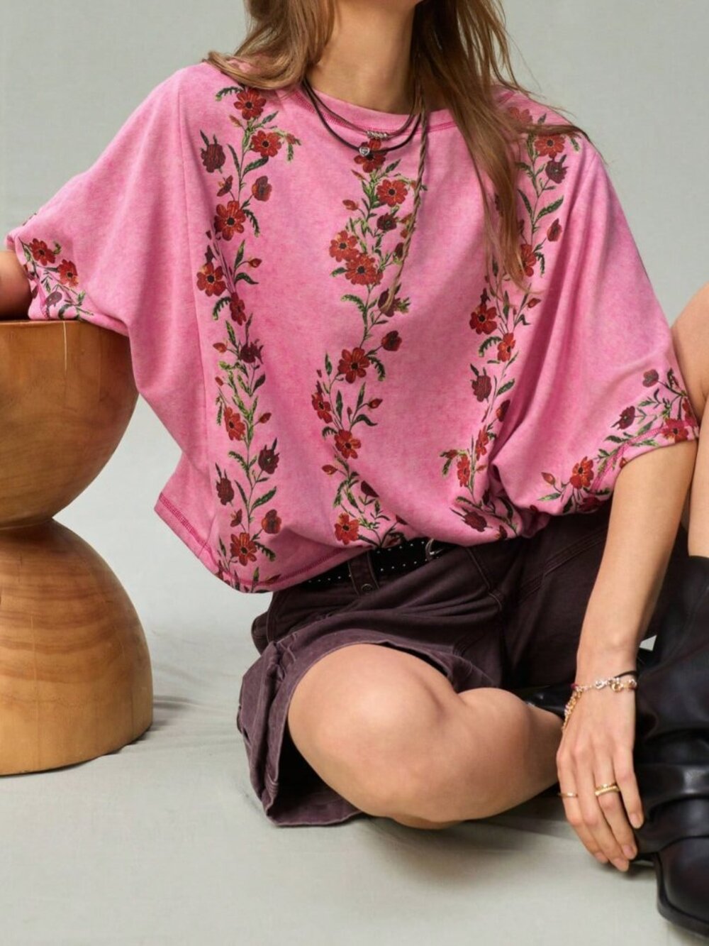 Hot Pink Casual Women's Floral Embroidery Boat Neck Batwing Slim Fit Cotton Top - Picture 7 of 7